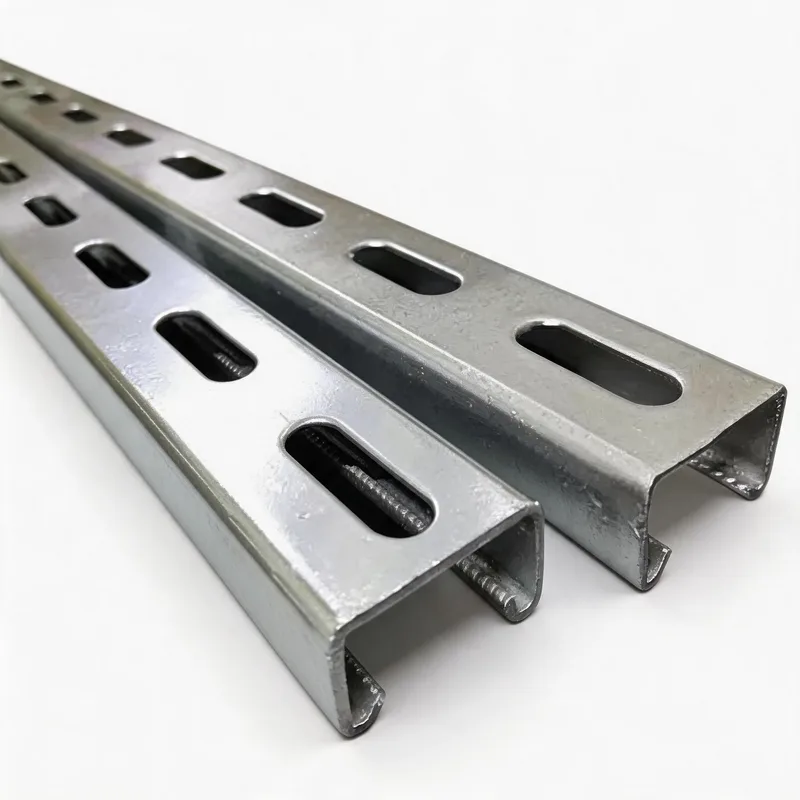 WQL-E C-channel perforated mounting rail — angled view, zinc-plated steel — DIN 3015