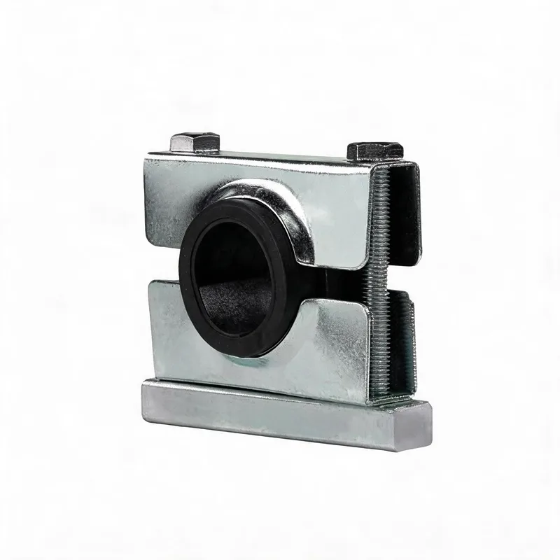 WQF steel shockproof single-hole pipe clamp — angled view, NBR-lined steel, ø8–108 mm