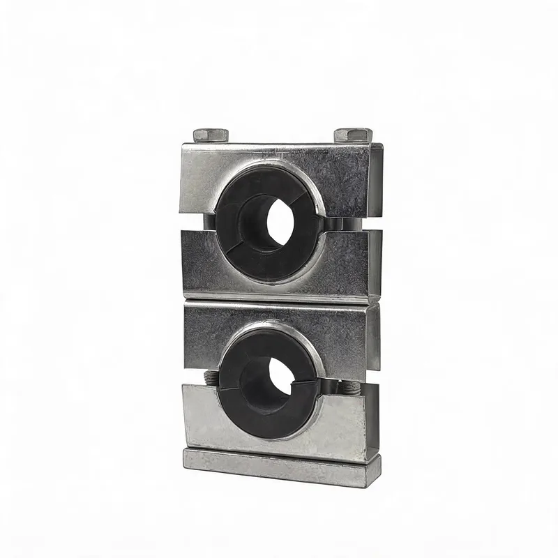 WQF steel shockproof stacking pipe clamp — angled view, NBR-lined steel, ø8–108 mm