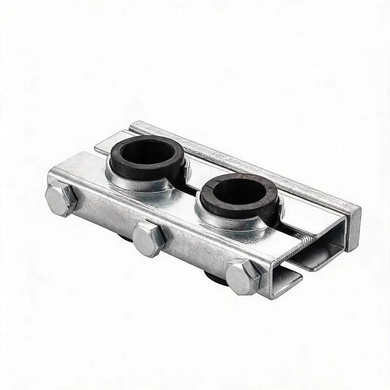 WQF steel shockproof twin-lateral pipe clamp — angled view, NBR-lined steel, ø8–108 mm
