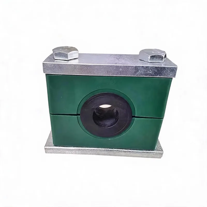 Heavy-duty cushioned pipe clamp with polymer insert — insert material selection determines temperature limit and creep resistance