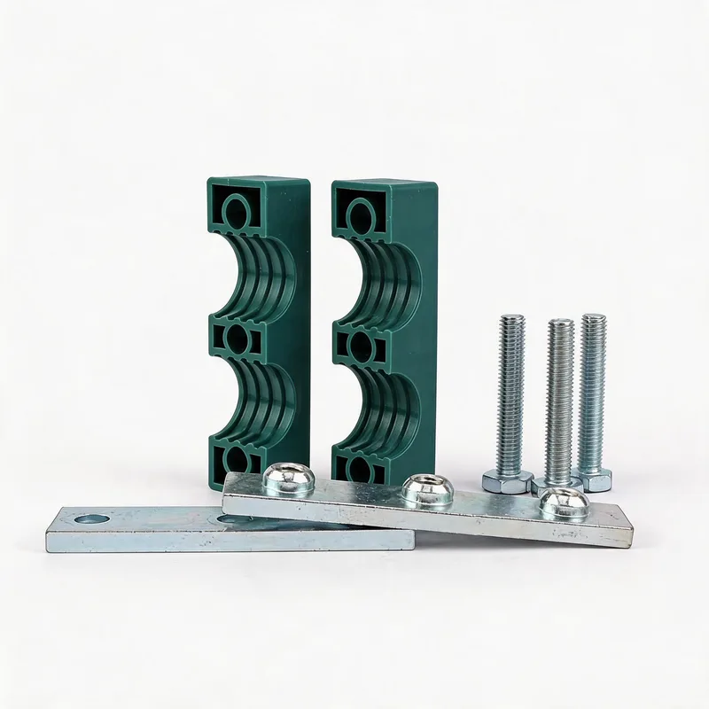 WQH twin-hole outer-hex plastic pipe clamp — exploded view: body, bolt, nut, twin-hole welded base