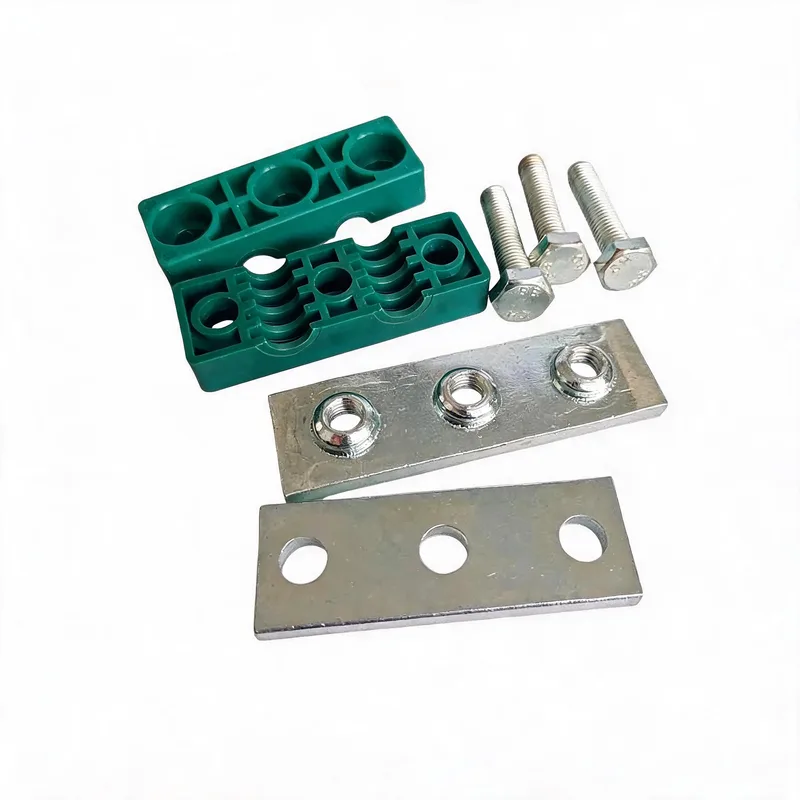 WQH 2-hole outer-hex plastic pipe clamp — exploded view: body, bolt, nut, 2-hole welded base