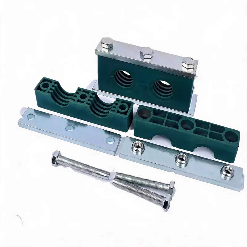 WQH 2-hole outer-hex plastic pipe clamp — exploded view: body, bolt, nut, 2-hole welded base