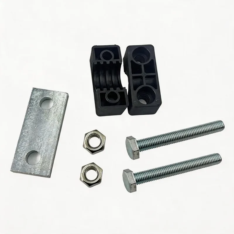 WQH nylon long-bolt pipe clamp — exploded view: body, bolt, nut, long welded base