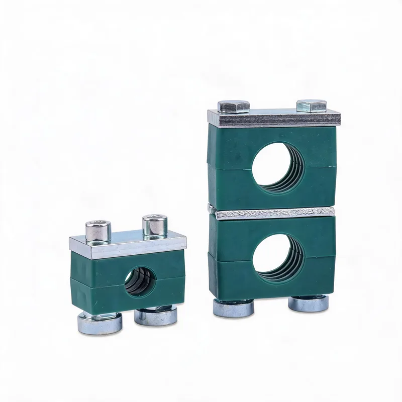 WQH rail pipe clamp — angled view, plastic body — DIN 3015-2, ø14–108 mm