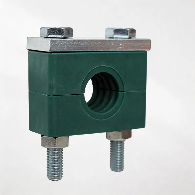 WQH long-bolt heavy pipe clamp — angled view, plastic body — DIN 3015-2, ø14–108 mm