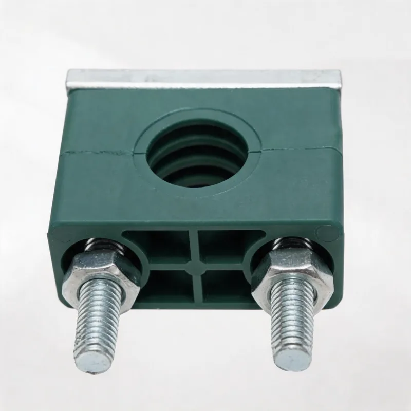 WQH long-bolt heavy pipe clamp — angled view, plastic body — DIN 3015-2, ø14–108 mm