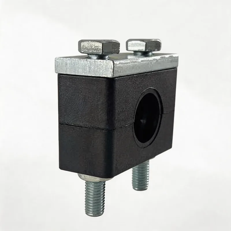 WQH nylon long-bolt pipe clamp — angled view, nylon body — DIN 3015-2, ø14–108 mm