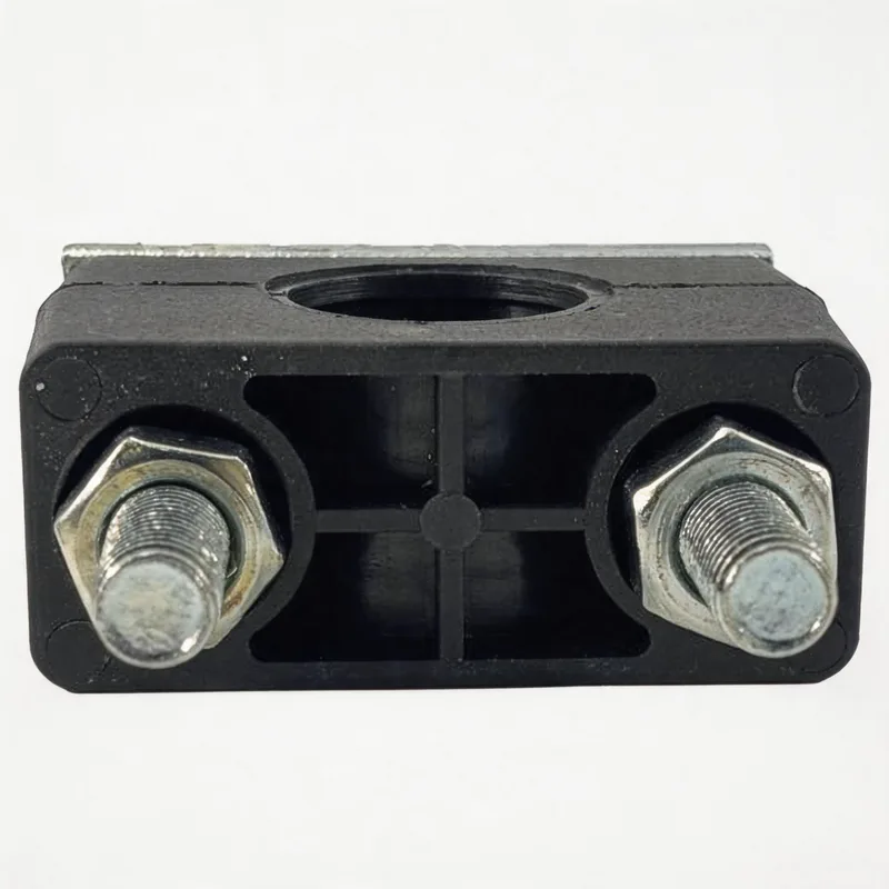 WQH nylon long-bolt pipe clamp — angled view, nylon body — DIN 3015-2, ø14–108 mm