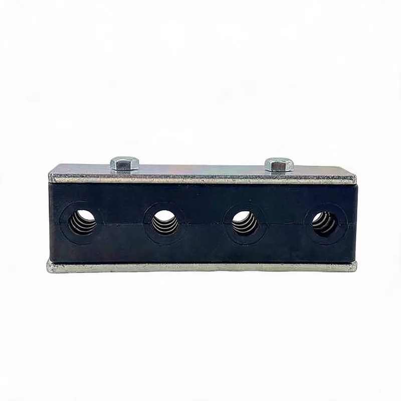WQH 4-hole outer-hex nylon pipe clamp — angled view, nylon body — DIN 3015-2, ø14–108 mm
