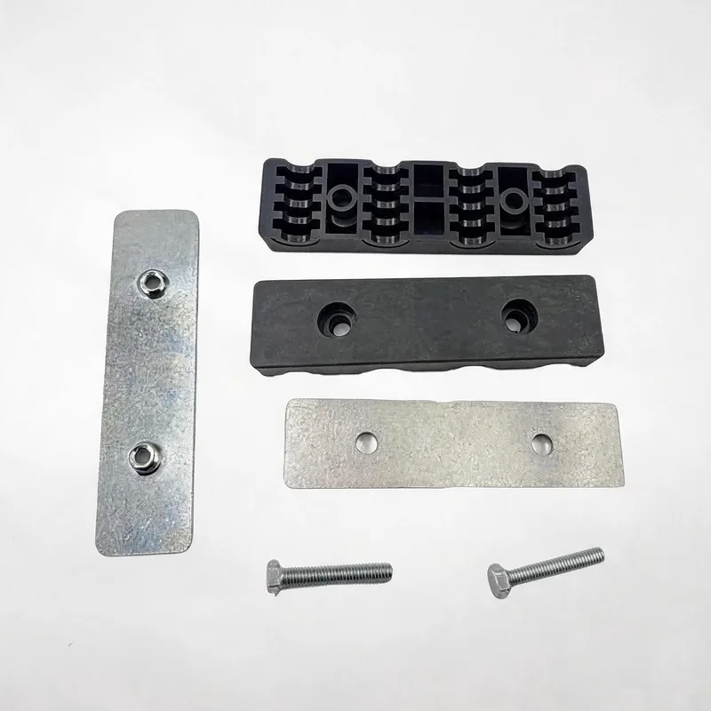 WQH 4-hole outer-hex nylon pipe clamp — exploded view: body, bolt, nut, 4-hole welded base