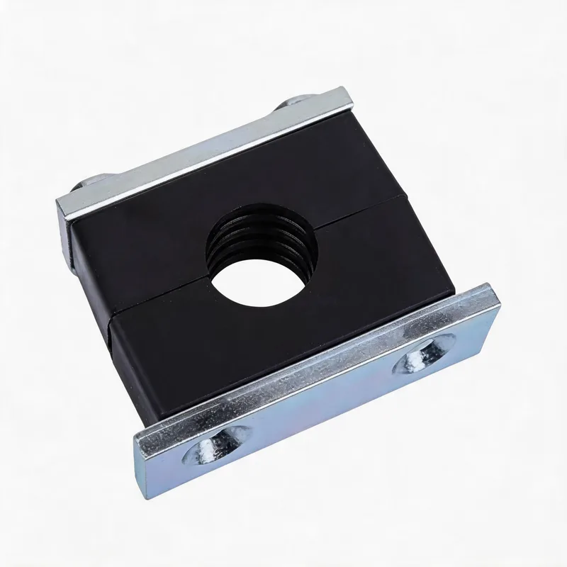 WQH outer-hex single nylon pipe clamp — angled view, nylon body — DIN 3015-2, ø14–108 mm