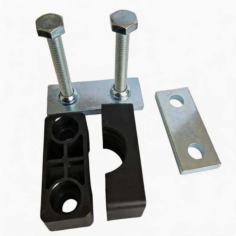 WQH outer-hex single nylon pipe clamp — exploded view: body, bolt, nut, welded base