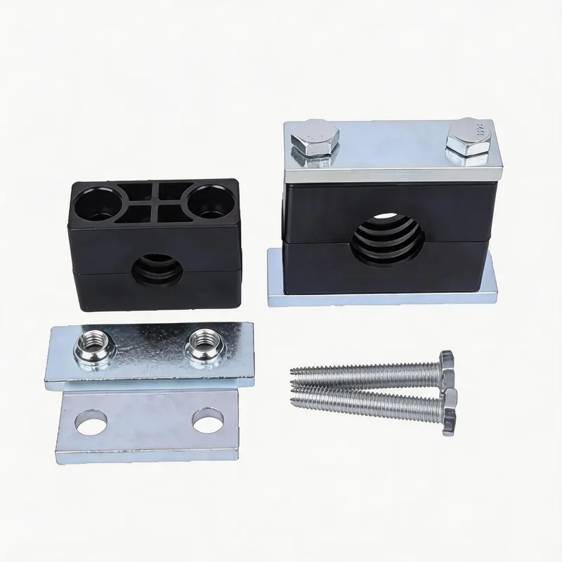 WQH outer-hex single nylon pipe clamp — exploded view: body, bolt, nut, welded base