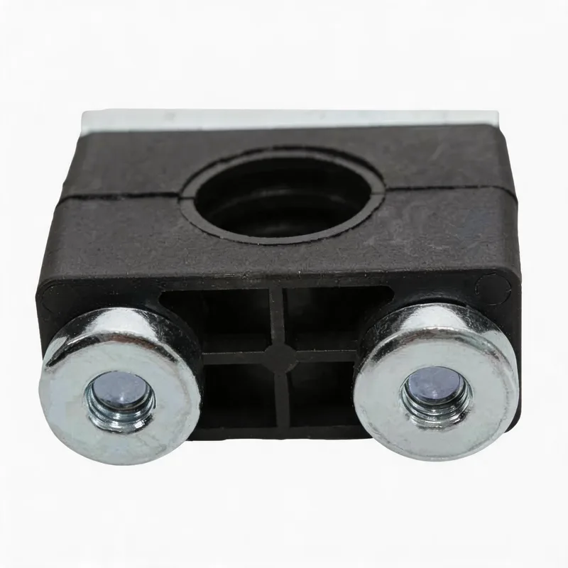 WQH outer-hex rail-nut nylon pipe clamp — angled view, nylon body — DIN 3015-2, ø14–108 mm