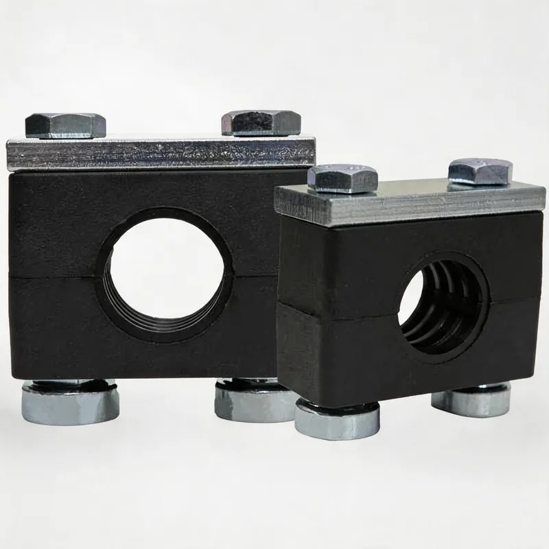 WQH outer-hex rail-nut nylon pipe clamp size range — ø14–108 mm comparison — DIN 3015-2