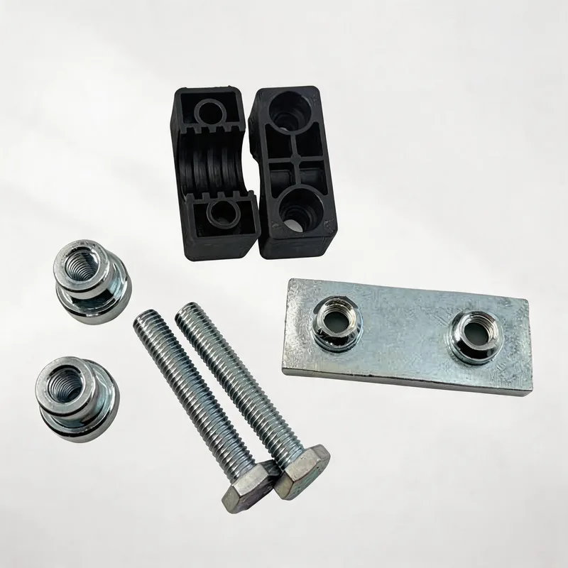 WQH outer-hex rail-nut nylon pipe clamp — exploded view: body, bolt, nut, rail-nut