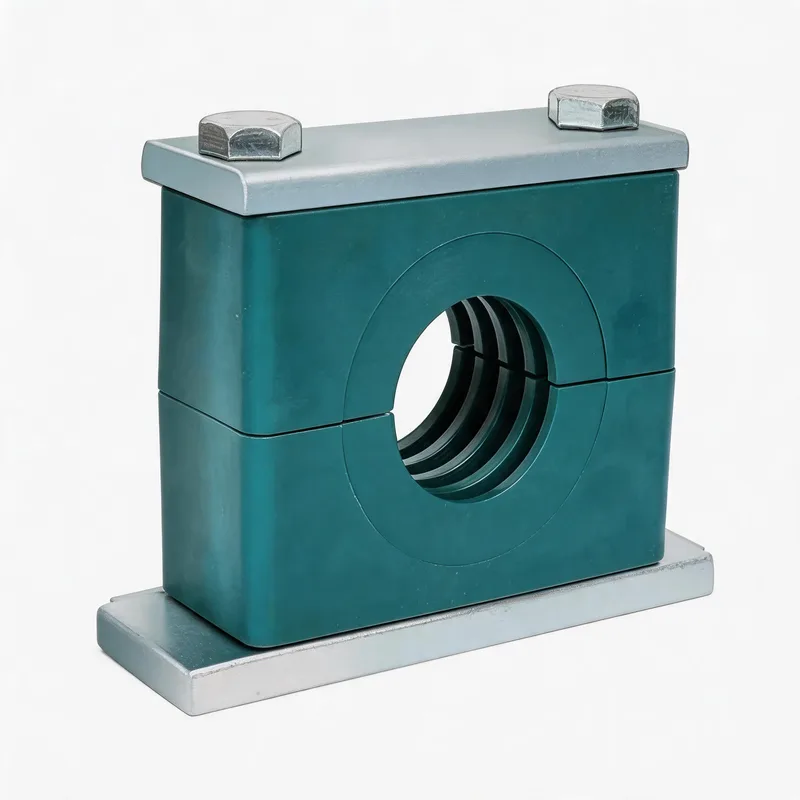 WQH outer-hex single plastic pipe clamp — angled view, plastic body — DIN 3015-2, ø14–108 mm