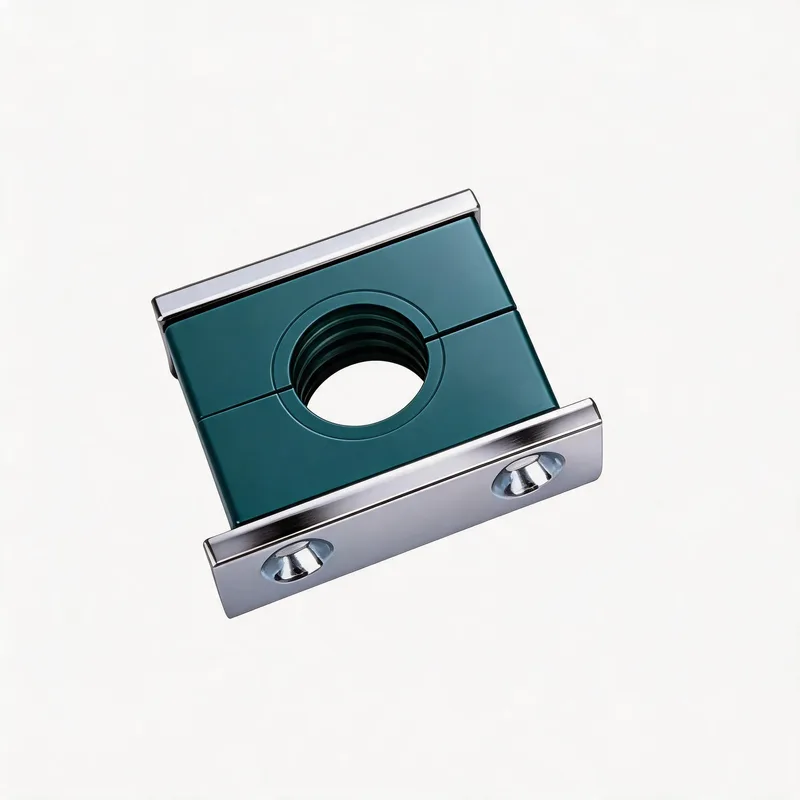 WQH outer-hex single plastic pipe clamp — angled view, plastic body — DIN 3015-2, ø14–108 mm