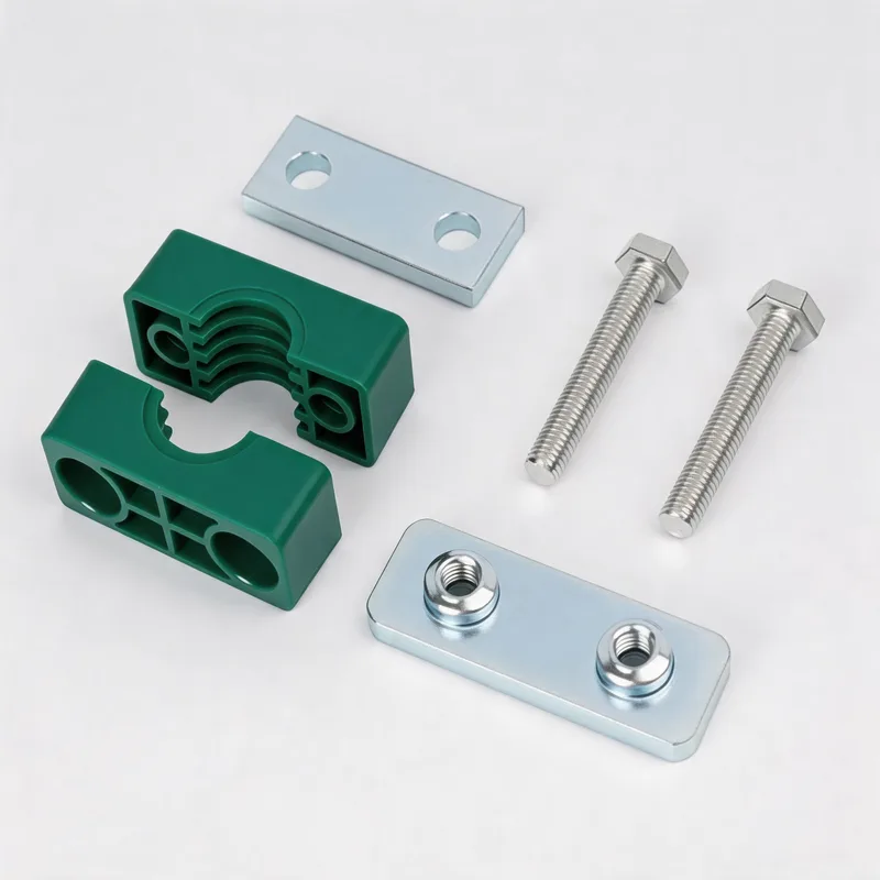 WQH outer-hex single plastic pipe clamp — exploded view: body, bolt, nut, welded base