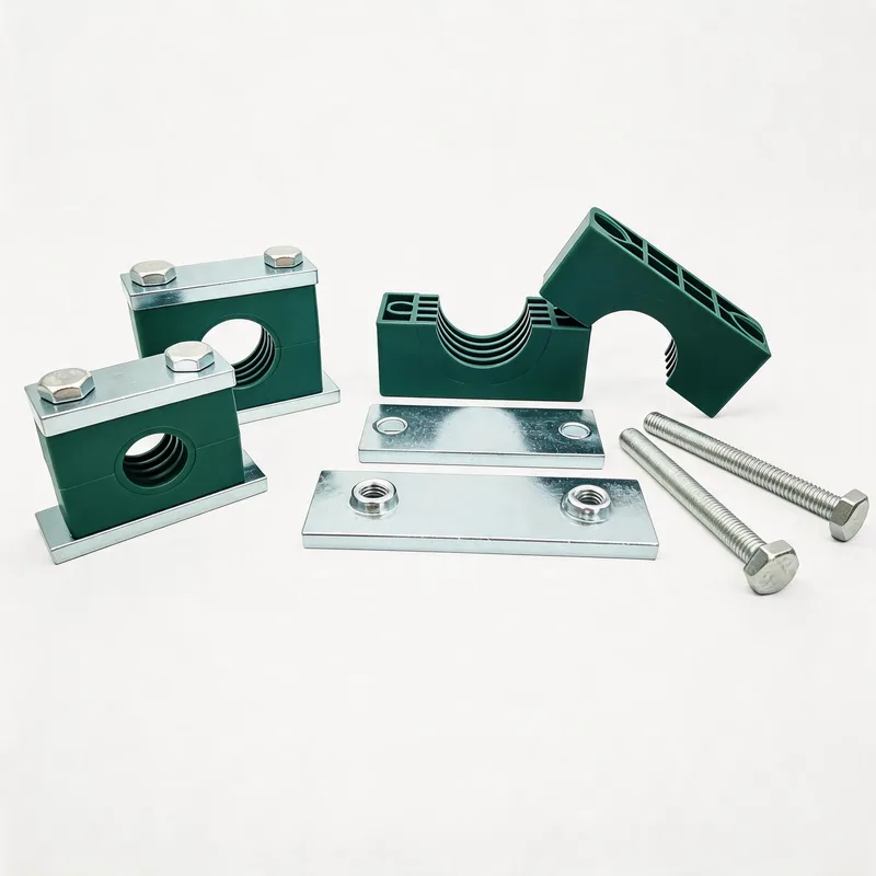 WQH outer-hex single plastic pipe clamp — exploded view: body, bolt, nut, welded base