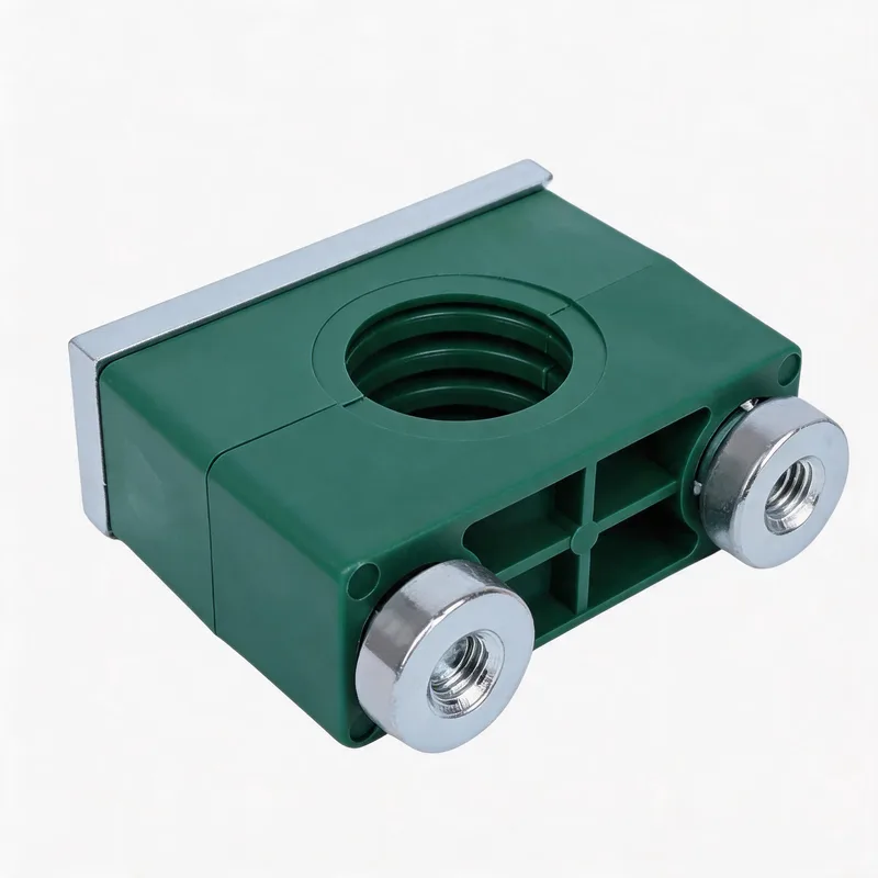 WQH outer-hex rail-nut plastic pipe clamp — angled view, plastic body — DIN 3015-2, ø14–108 mm