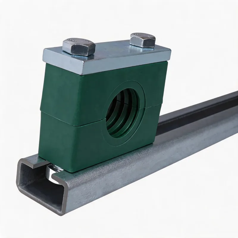 WQH outer-hex rail-nut plastic pipe clamp — angled view, plastic body — DIN 3015-2, ø14–108 mm