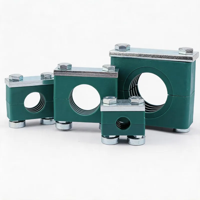 WQH outer-hex rail-nut plastic pipe clamp size range — ø14–108 mm comparison — DIN 3015-2