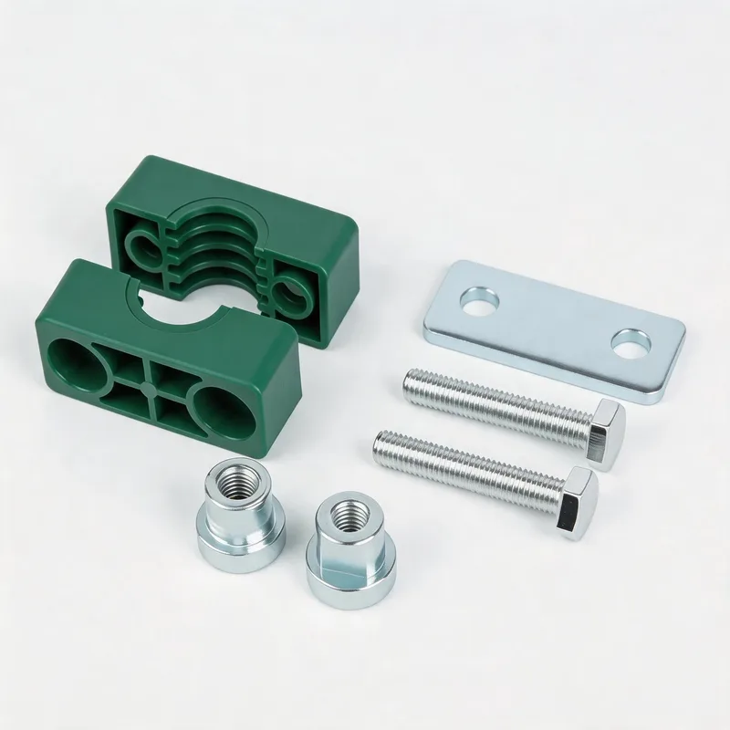 WQH outer-hex rail-nut plastic pipe clamp — exploded view: body, bolt, nut, rail-nut