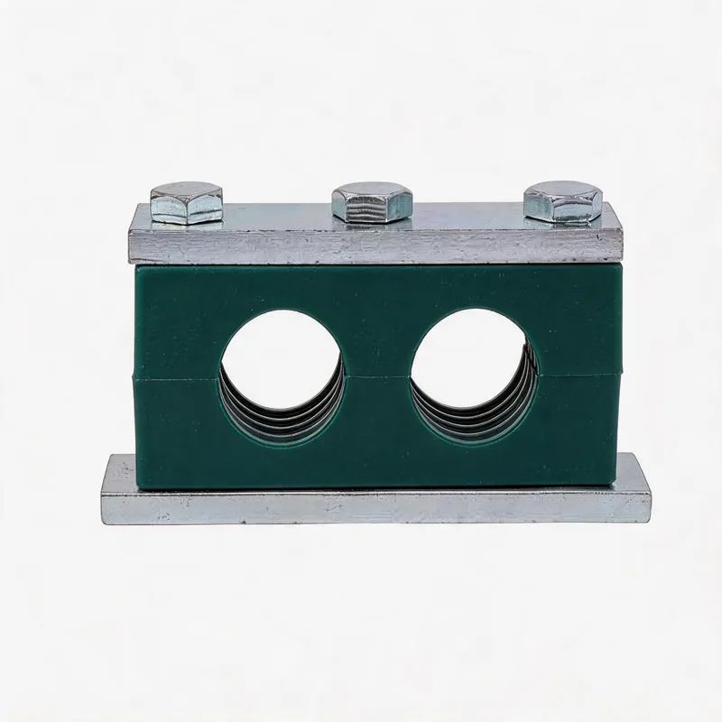 WQH twin-hole outer-hex plastic pipe clamp — WeiQue plastic body — DIN 3015-2, ø14–108 mm