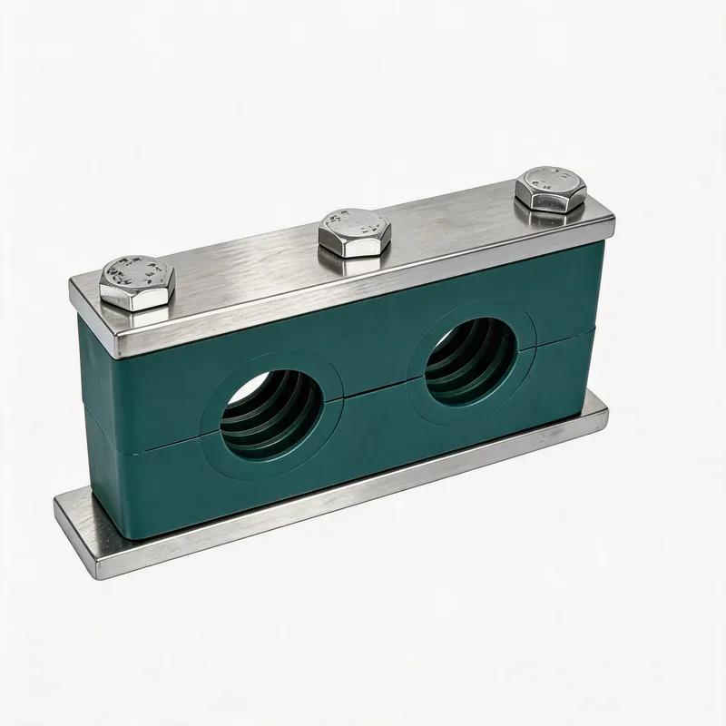 WQH twin-hole outer-hex plastic pipe clamp — angled view, plastic body — DIN 3015-2, ø14–108 mm