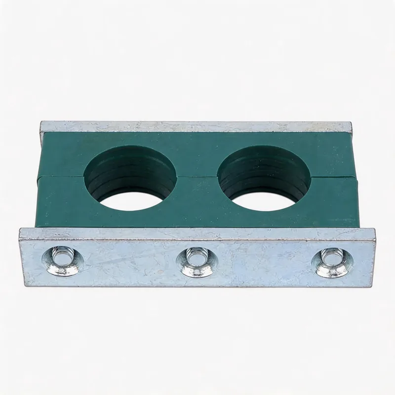 WQH twin-hole outer-hex plastic pipe clamp — angled view, plastic body — DIN 3015-2, ø14–108 mm
