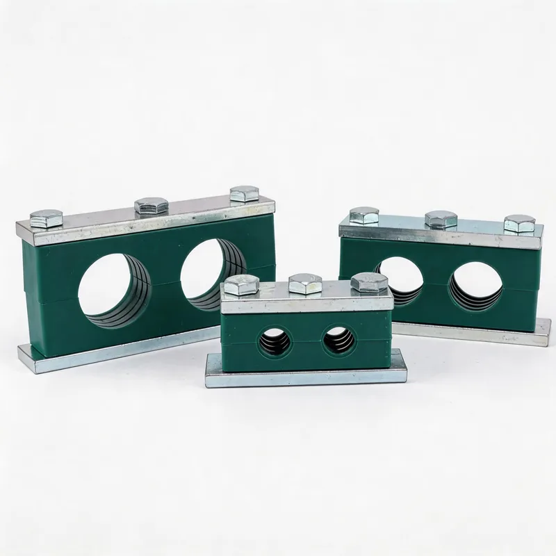 WQH twin-hole outer-hex plastic pipe clamp size range — ø14–108 mm comparison — DIN 3015-2