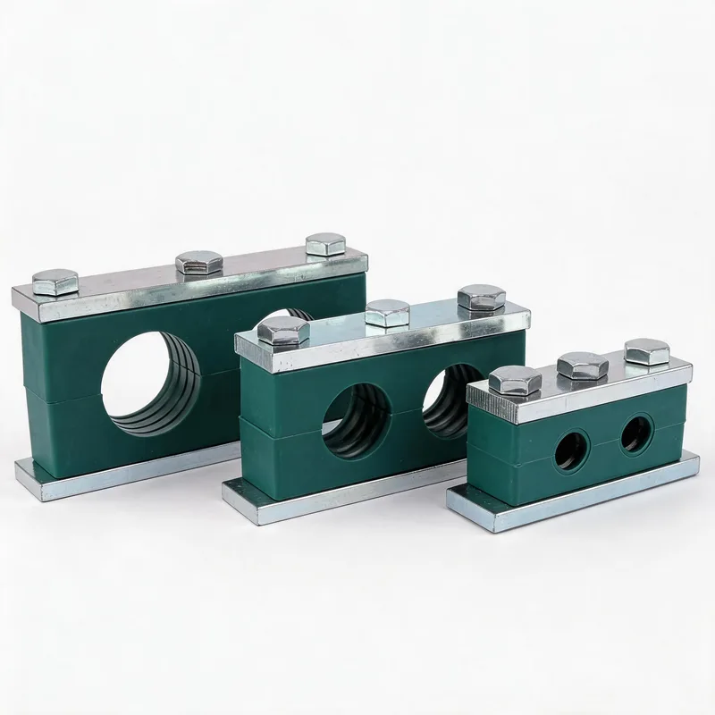 WQH twin-hole outer-hex plastic pipe clamp size range — ø14–108 mm comparison — DIN 3015-2