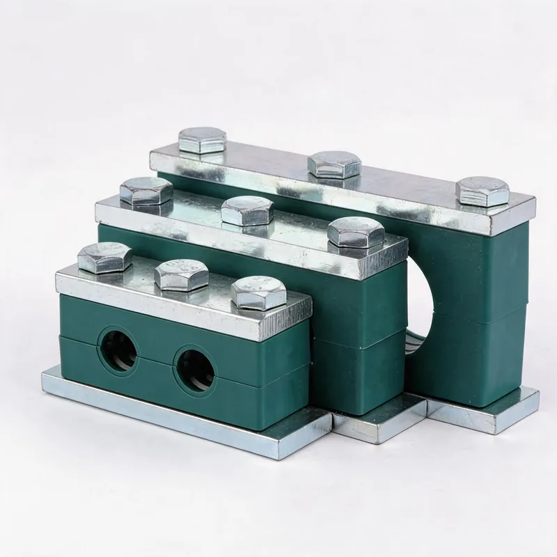 WQH twin-hole outer-hex plastic pipe clamp size range — ø14–108 mm comparison — DIN 3015-2