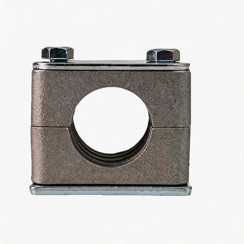Aluminum pipe clamp with steel hex bolts — a typical dissimilar-metal pairing that needs review in marine air