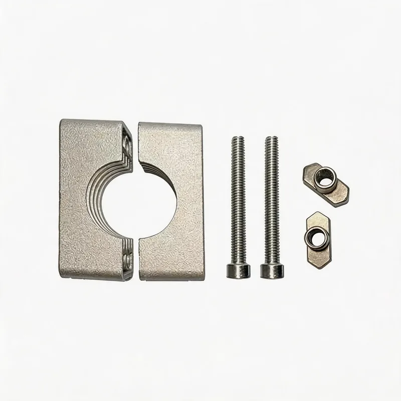 TLAG10 pipe clamp — exploded view: body, bolt, nut, rail-nut