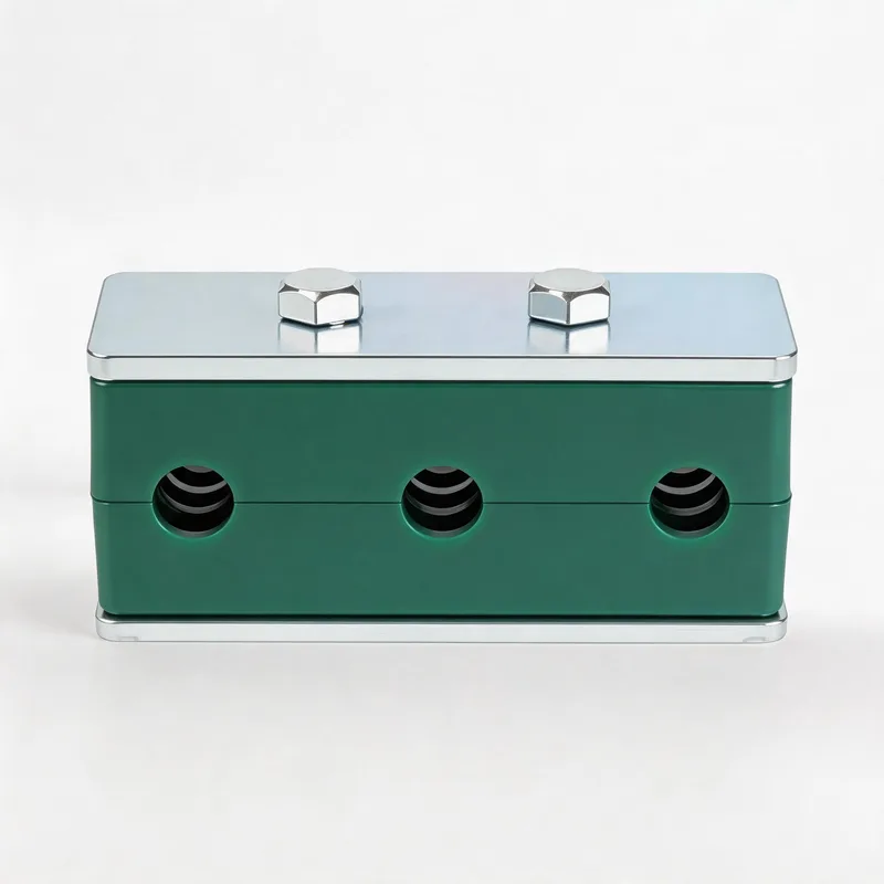 Standard polypropylene DIN 3015 pipe clamp — PP body, NBR insert and zinc hardware are REACH-compliant and PFAS-free