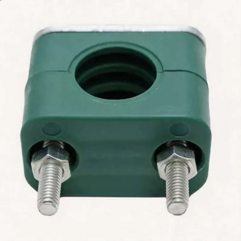 WQL plastic long-bolt pipe clamp — angled view, plastic body — DIN 3015-1, ø6–108 mm