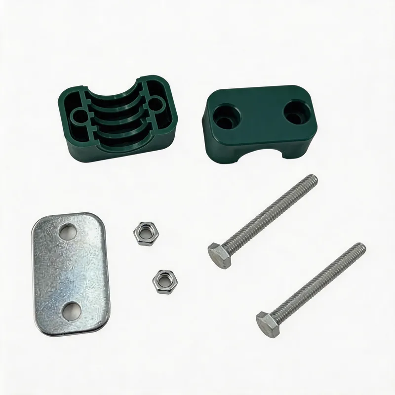 WQL plastic long-bolt pipe clamp — exploded view: body, bolt, nut, long welded base