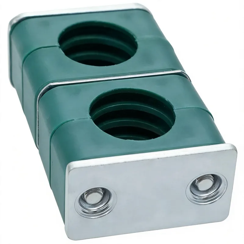 WQL outer-hex stacking plastic pipe clamp — angled view, plastic body — DIN 3015-1, ø6–108 mm