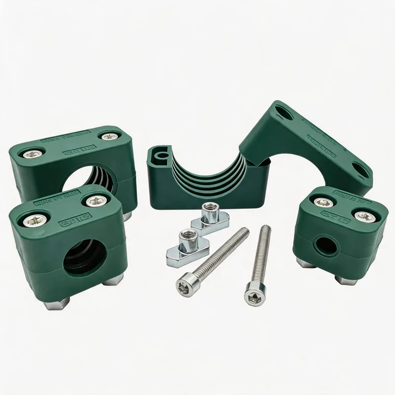 WQL·G10 pipe clamp — exploded view: body, bolt, nut, rail-nut