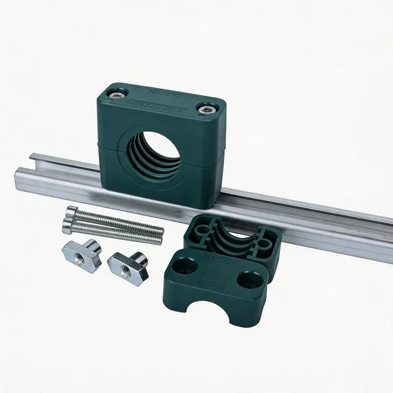 WQL·G10 pipe clamp — exploded view: body, bolt, nut, rail-nut