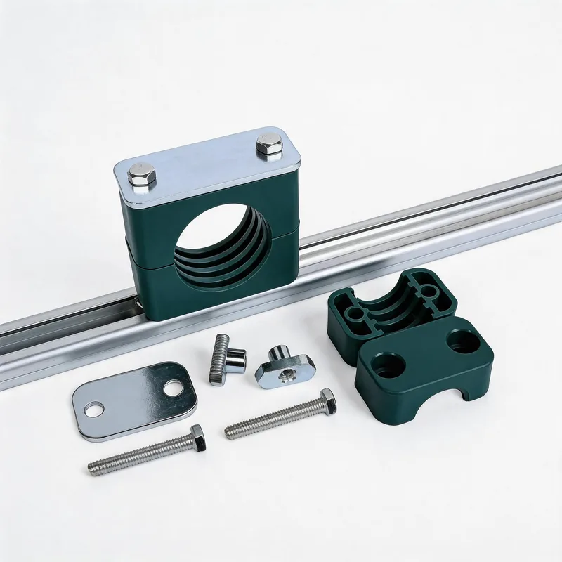 WQL·G12 pipe clamp — exploded view: body, bolt, nut, rail-nut