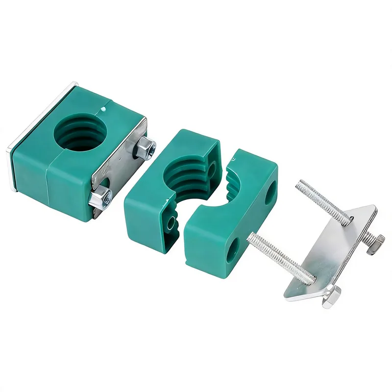 WQL outer-hex stacking plastic pipe clamp — exploded view: body, bolt, nut, stacking