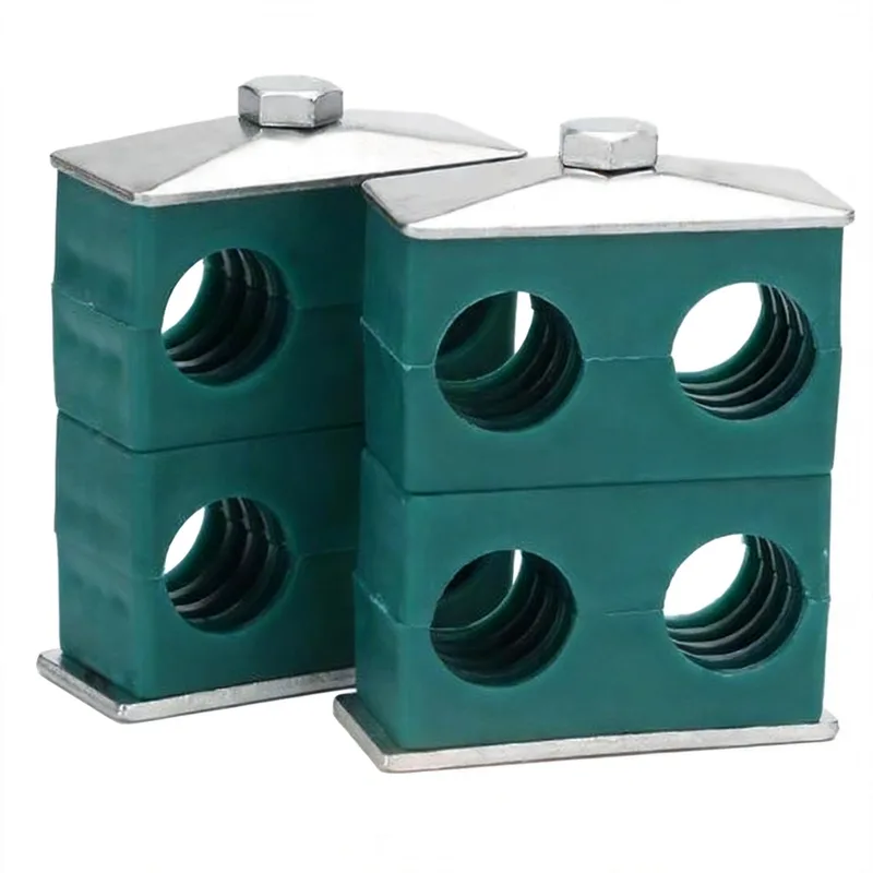 WQL stacking dual-hole pipe clamp — angled view, zinc-plated steel — DIN 3015-1, ø6–108 mm