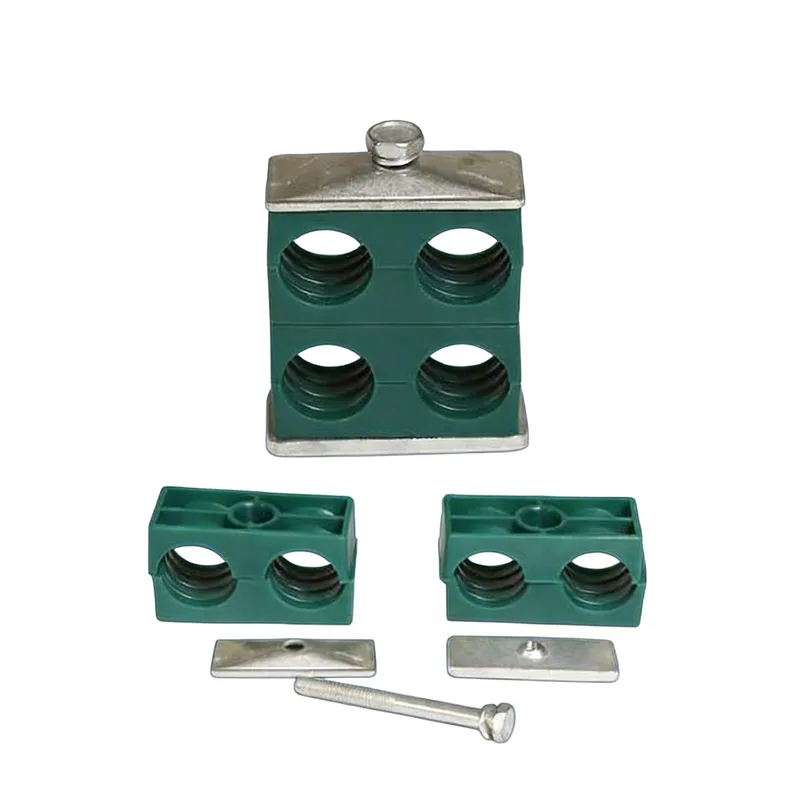 WQL stacking dual-hole pipe clamp — exploded view: body, bolt, nut, stacking