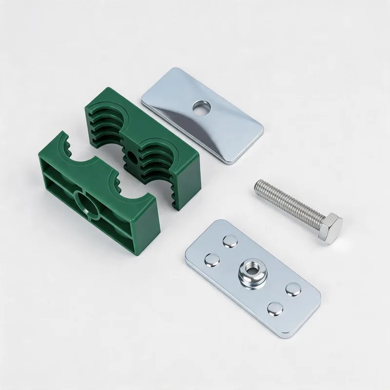 WQL/WQT light twin-hole plastic pipe clamp — exploded view: body, bolt, nut, twin-hole welded base
