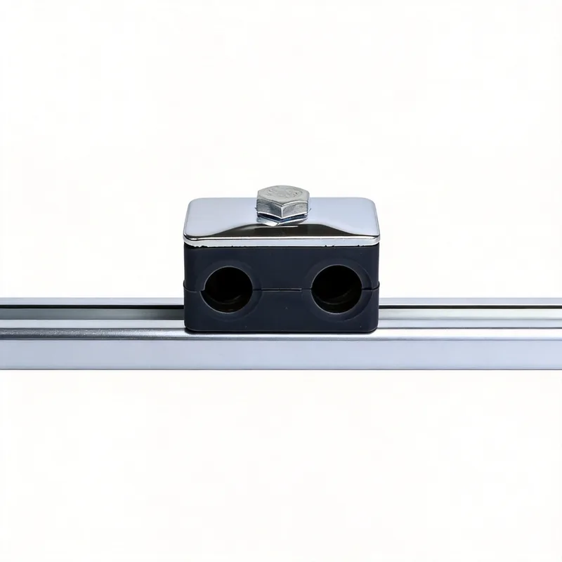 WQL/WQT light twin-hole rail-nut nylon pipe clamp — angled view, nylon body — DIN 3015-1, ø6–108 mm